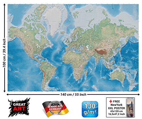 GREAT ART® XXL Poster – Mapa Mundial – Mural Proyección De Miller En Plástico Relieve Diseño Earth Atlas World Globe Mapa Geografía Cartel Decoración (140 X 100 Cm)