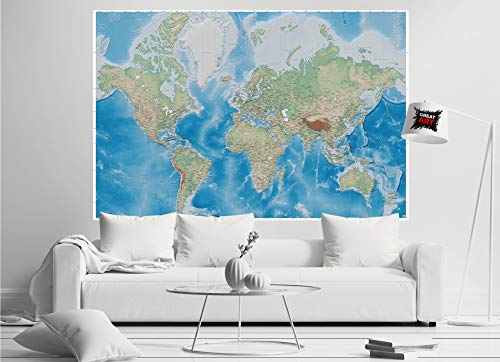 GREAT ART® XXL Poster – Mapa Mundial – Mural Proyección De Miller En Plástico Relieve Diseño Earth Atlas World Globe Mapa Geografía Cartel Decoración (140 X 100 Cm)