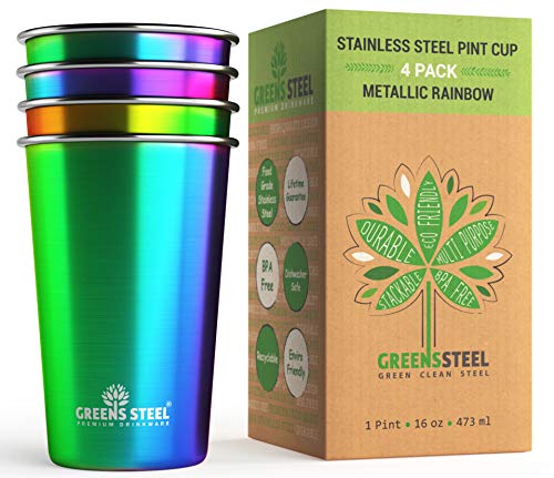 Greens Steel Vaso de 473 ml de acero inoxidable (4 unidades) – Vasos de metal prémium | Vaso apilable y duradero