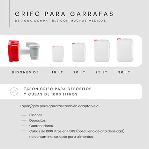 Grifo para garrafas de agua para bidones de 10 - 20 - 25 - 30 y depositos y cubas de 1000 litros / Grifo Tapon de rosca 60 mm para bidon de plastico / Jardin, Camper , deposito con grifo