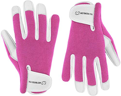 Guantes de jardinería de cuero para mujer, guantes de trabajo de jardín a prueba de espinas (M, rosa)
