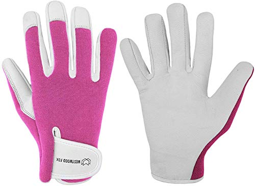 Guantes de jardinería de cuero para mujer, guantes de trabajo de jardín a prueba de espinas (M, rosa)