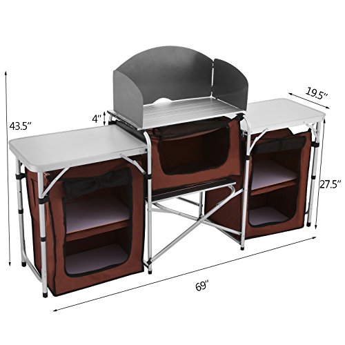 Happybuy Mesa de camping portátil multifuncional para cocinar, fácil de limpiar y ligera, con pantalla protectora contra el viento