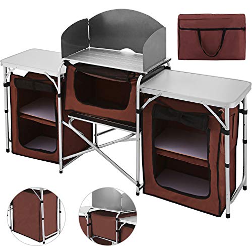 Happybuy Mesa de camping portátil multifuncional para cocinar, fácil de limpiar y ligera, con pantalla protectora contra el viento