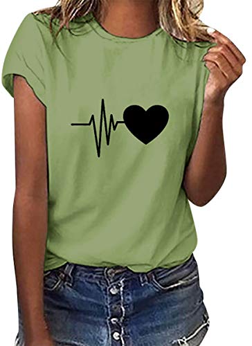 heekpek Camisetas Mujer Verano Manga Corta Casual Camiseta Holgada con Estampado de Amor y Labios T-Shirt Mujer Short Sleeve Shirt, Aceituna, M