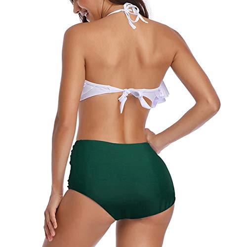 heekpek Conjunto de Bikini Mujer de Cintura Alta Traje de Baño de Dos Piezas Volantes Correas de Espagueti Bañador Plisado Estampado Rayas Ropa de Playa Tallas Grandes, Verde, XL