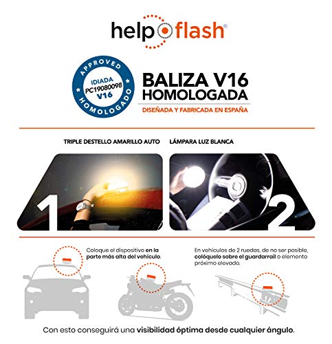 HELP FLASH 2X V2 2021 - luz de Emergencia AUTÓNOMA, señal preseñalización de Peligro y Linterna, homologada, normativa DGT, V16, con Base imantada, activación AUTOMÁTICA o Manual, Hecho en España