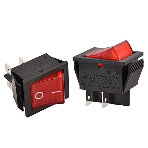 Heschen - Interruptor basculante DPST de encendido y apagado, 4 terminales, luz roja, 16 A, 250 V CA, 2 unidades