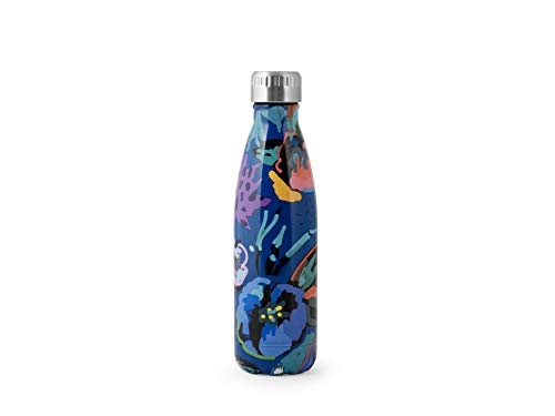 H&H Botella térmica de acero inoxidable 18/10 sin BPA, botella de agua reutilizable, para adultos y niños, termo de metal para bebidas calientes o frías con diseño estampado de flores, 500 ml, Azul