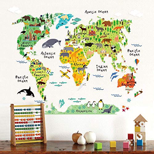 Home Evolution Large Kids Educational Animal/Famous Building World Map Peel & Stick Wall Decals Stickers Home Decor Art