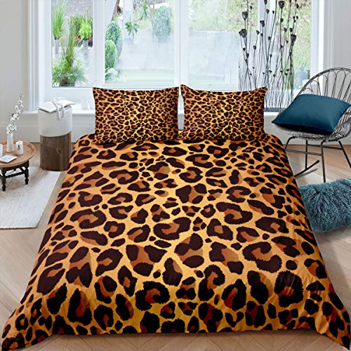 Homewish Funda nórdica estampada de leopardo marrón oscuro de guepardo, juego de ropa de cama Wild Animal, funda nórdica de 155 x 220 cm, para adultos y niñas, suave microfibra, 2 unidades