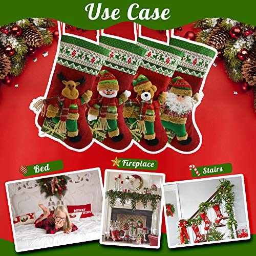 Houwsbaby - Juego de 4 medias navideñas, 3D, Santa muñeco de nieve, oso, reno, lino, calcetines, soportes, bolsas de regalo para la familia, suministros para fiestas navideñas, rojo