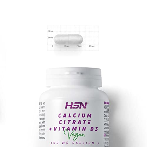 HSN Calcio y Vitamina D3 Formas de Citrato de Calcio y Colecalciferol para Huesos Fuertes | Fórmula Vegana, Sin Gluten, Sin Lactosa, 120 Cápsulas Vegetales