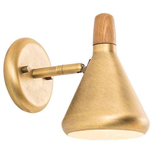 Industrial Wall Lights, Sconce Modern Bedside Lamp Wooden and Baking Paint Metal Wall Lamp with Plug Wire and Button Switch,Lamp Head Adjustable,for Living Room Bedroom E14 Socket ing Brass Color