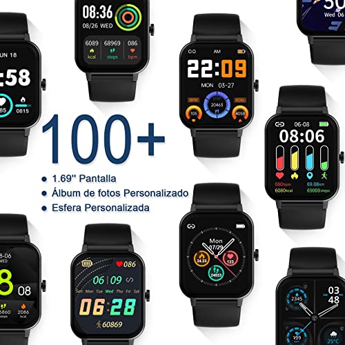IOWODO Smartwatch R3PRO,Reloj Inteligente Hombre Mujer con Oxímetro(SpO2),1.69" Pantalla con Termómetro Pulsómetro Sueño Podómetro,Pulsera Actividad Impermeable IP68 para Android IOS(Nuevo -2 Correas)