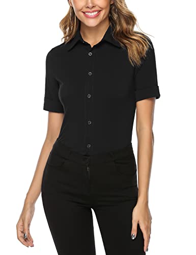 Irevial Camisa Mujer Manga Corta Elegante Camiseta de Gasa con Botones Basic Shirt Blusa de Trabajo Verano Negro, L