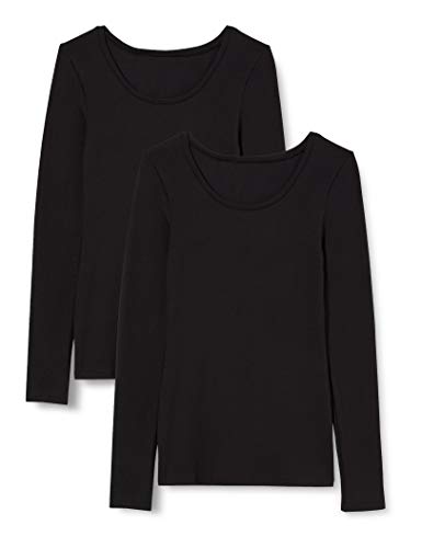 Iris & Lilly Camiseta Térmica Extra Cálida de Manga Larga Mujer, Pack de 2, Negro (Black), L, Label: L