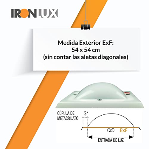 Ironlux - Cúpula para Claraboya techo de Metacrilato Cuadrada blanco opal - Tragaluz - 54x54 cm - Excelente paso de luz - Aislante acústico y térmico