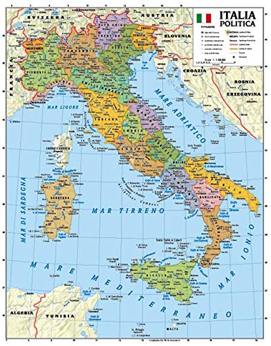 Italia 1.100.000. Carta murale scolastica fisico/politica con aste
