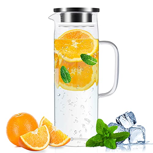 Jarra de vidrio - Capacidad 1,5 litros - Jarra de vidrio con tapa hermética - Ideal para el agua fría y caliente, para el café, la leche (incluye cepillo para tazas).