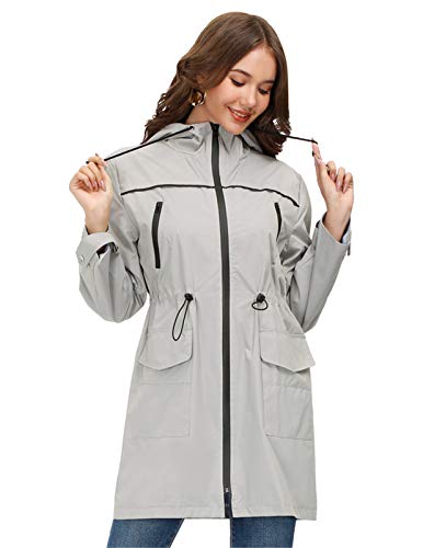 JASAMBAC Chubasqueros largos para mujer impermeables con capucha cortavientos Outwear chaqueta de lluvia gabardina, Gris plateado, Large