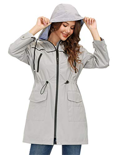 JASAMBAC Chubasqueros largos para mujer impermeables con capucha cortavientos Outwear chaqueta de lluvia gabardina, Gris plateado, Large