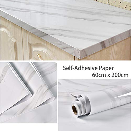 JiuFei Adhesivo Papel Marmol para Muebles PVC Marmol Impermeable y Aceite Impermeable Papel Pared para la Cocina Encimera Oficina de Baño Mármol Blanco, 60 X 200cm