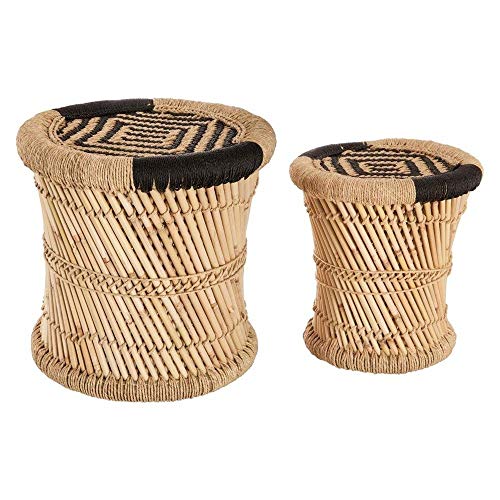 Juego de 2 mesas bajas encajables de cuerda y bambú - estilo Nómada - Color madera y negro