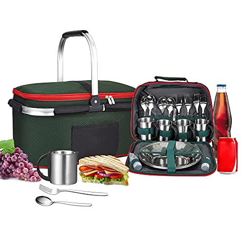 Kacsoo Mochila de Picnic para 4 Personas, bolsa de alimentos + bolsa de vajilla, juego de cubiertos portátil plegable cesta de picnic bolsa de aislamiento portátil