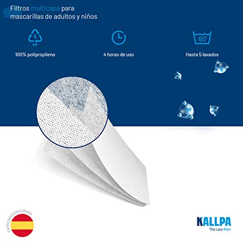 KALLPA® 5 filtros para mascarillas UNE0065 - REUTILIZABLES - fabricados en ESPAÑA - hidrófobo, antiestático y antibacteriano, muy transpirable, (TNT) (tnt)