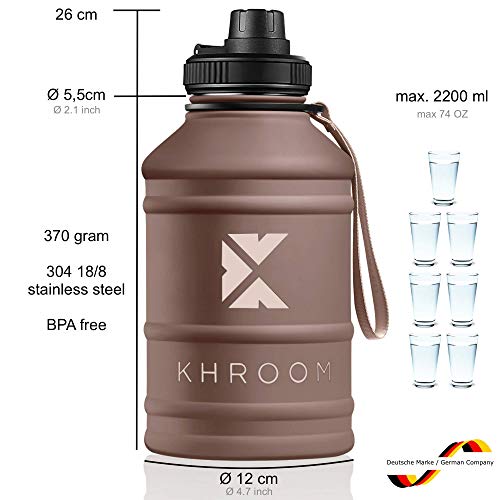 Khroom® Botella deportiva de acero inoxidable 2,2 L - apta para ácido carbónico y botella de acero inoxidable irrompible para fitness y ocio | botella de agua | botella deportiva
