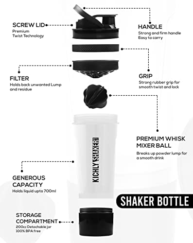 KICHLY (Set de 2) Botella shaker proteinas con batidor Blenderball clásica (700 ml) - Tapa antiderrames con Envase de almacenamiento suplementos - Perfecto para Entrenamiento (Negro y Claro)