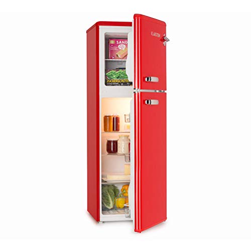 Klarstein Audrey - Nevera pequeña con congelador, Mini frigorífico combi, Look retro, Congelador 39L, Refrigerador 97L, Pies regulables, Frío regulable, Cajón verduras, Estantes de vidrio, Rojo