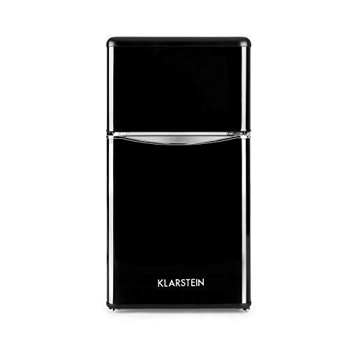 KLARSTEIN Monroe Black - Nevera con congelador, Retro, refrigerador de 61 l, congelador de 24 l, 2 estantes de Vidrio, 2 estantes en Las Puertas, 5 Niveles de enfriamiento, 40 dB, Negro