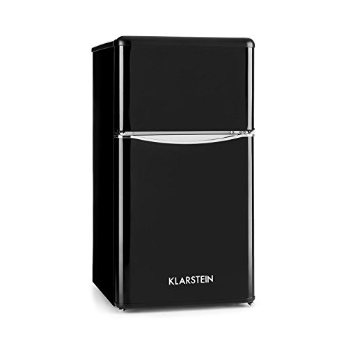 KLARSTEIN Monroe Black - Nevera con congelador, Retro, refrigerador de 61 l, congelador de 24 l, 2 estantes de Vidrio, 2 estantes en Las Puertas, 5 Niveles de enfriamiento, 40 dB, Negro