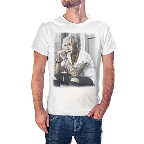 KMF T-SHIRT - Camiseta Hombre Einstein Tattoo Urban (Blanco, S)