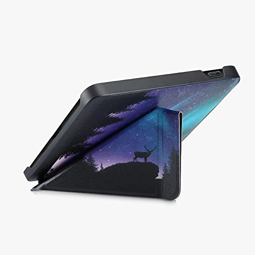kwmobile Carcasa Compatible con Kobo Libra 2 - Funda magnética de Origami para e-Book - Ciervo con la Aurora Boreal Turquesa/Azul/Negro