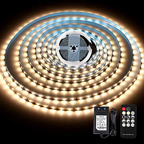 KWODE- Tira de Luces LED (5 m, luz Blanca Cálida, con Mando a Distancia y Fuente de Alimentación de 12 V, 3000 K, Autoadhesiva, para Televisión, Salón, para Armarios de Cocina