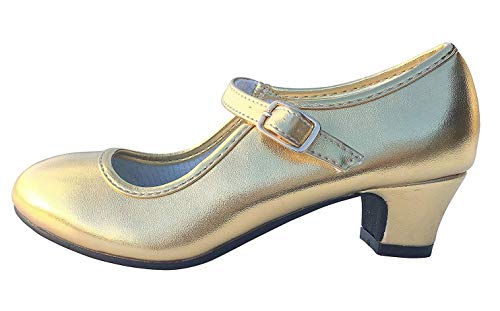 LA SEÑORITA Zapatos de Flamenco para Niña y Mujer [Talla 24 a 42]. Zapatos de Tacón para Sevillanas y Clases de Baile Oro. Suela de Goma & Gran Sujeción. Zapatos de Gitana Dorado