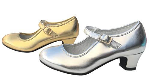 LA SEÑORITA Zapatos de Flamenco para Niña y Mujer [Talla 24 a 42]. Zapatos de Tacón para Sevillanas y Clases de Baile. Suela de Goma & Gran Sujeción. Zapatos de Gitana Plata