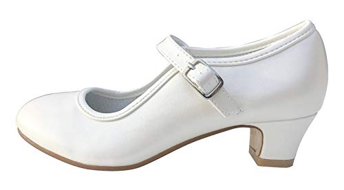LA SEÑORITA Zapatos de Flamenco para Niña y Mujer [Talla 24 a 42]. Zapatos de Tacón para Sevillanas y Clases de Baile. Suela de Goma & Gran Sujeción. Zapatos de Gitana Blanco Marfil