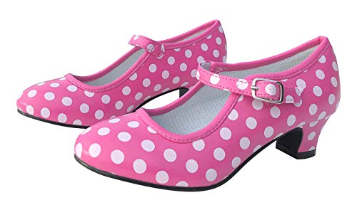LA SEÑORITA Zapatos de Flamenco para Niñas [Talla 24 a 37]. Zapatos de Tacón para Sevillanas y Clases de Baile Rosa con Lunares Blanco. Suela de Goma & Gran Sujeción. Zapatos de Princesa