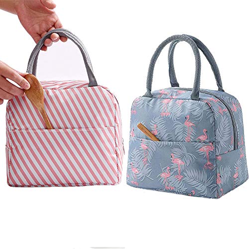 LABOTA 2PCS Bolsa Térmica Almuerzo Impermeable Fiambrera Isotermica,Lunch Bag con bolsillo trasero,Para hombres, mujeres y niños (Flamingo & Pink Stripe)