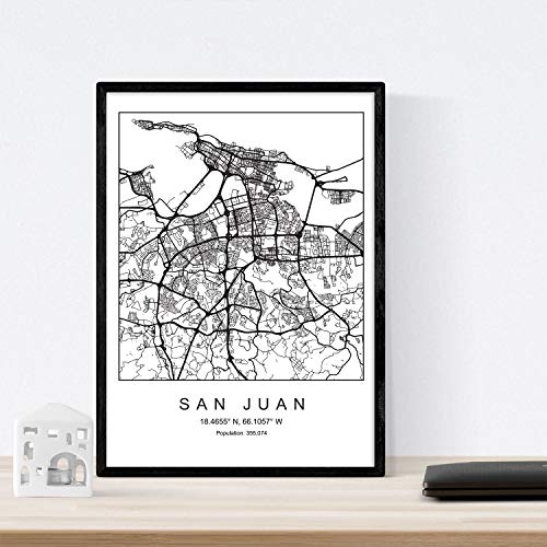 Lámina mapa de la ciudad San juan estilo nordico en blanco y negro. Poster tamaño A3 Enmarcado con marco negro Impreso papel 250 gr. Cuadros, láminas y posters para salon y dormitorio