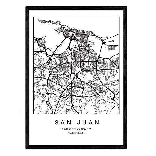 Lámina mapa de la ciudad San juan estilo nordico en blanco y negro. Poster tamaño A3 Enmarcado con marco negro Impreso papel 250 gr. Cuadros, láminas y posters para salon y dormitorio