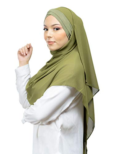 Lamis Hijab - Hijab Pañuelo cruzado con gorro integrado para mujer musulmana velada chal islámico con velo ponlable, verde caqui, Talla única