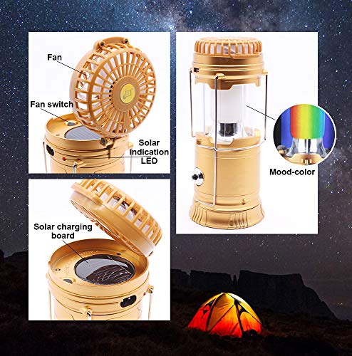 Lámpara Recargable Camping 4 en 1 Ventilador, Lámpara, Farol LED Brillante con Banco de Energía USB Recargable Solar Portátil para Camping al Aire Libre,Dorado