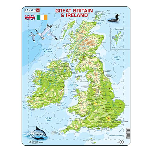 Larsen K5 Mapa físico de Gran Bretaña e Irlanda, edición en Inglés, Puzzle de Marco con 80 Piezas