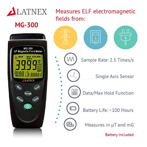 LATNEX Medidor de campo magnético MG-300 LF, mide la radiación EMF desde líneas de transmisión de alta potencia, electrodomésticos, cables eléctricos, perfecto para inspecciones de hogar EMF