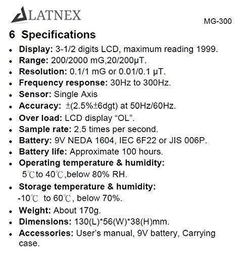 LATNEX Medidor de campo magnético MG-300 LF, mide la radiación EMF desde líneas de transmisión de alta potencia, electrodomésticos, cables eléctricos, perfecto para inspecciones de hogar EMF